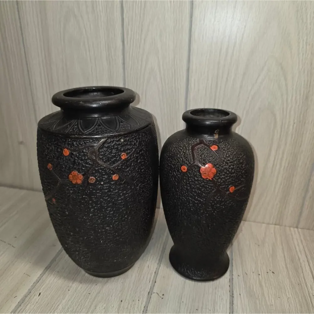 Vtg Early 20th Cetury Japanese Vases Tokanabe Ware Black Pottery Birds Japan